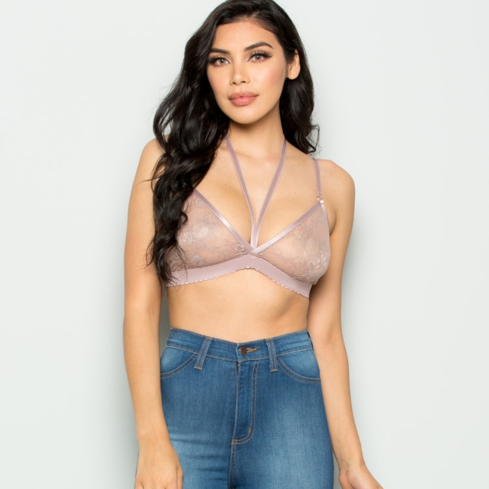 Chantilly Floral Lace Cage Halter Strap Mauve Bra